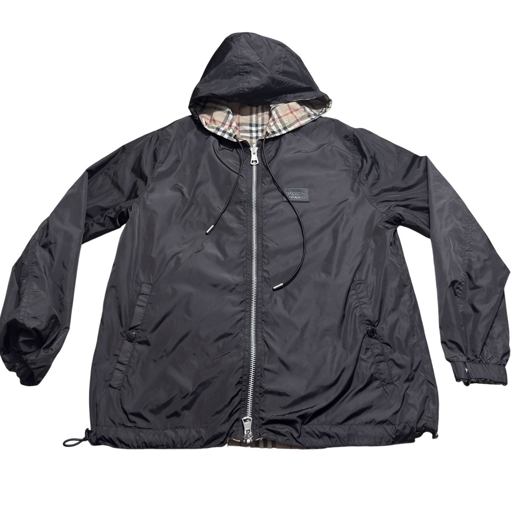 Burberry London England Black Vintage Check Hooded Windbreaker Jacket Size S